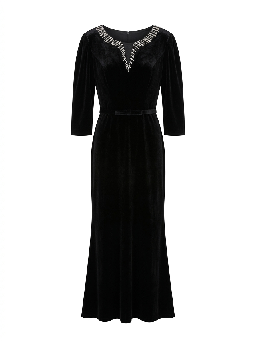 Elegant Burgundy Velvet Midi Dress with Crystal V-Neck Detail