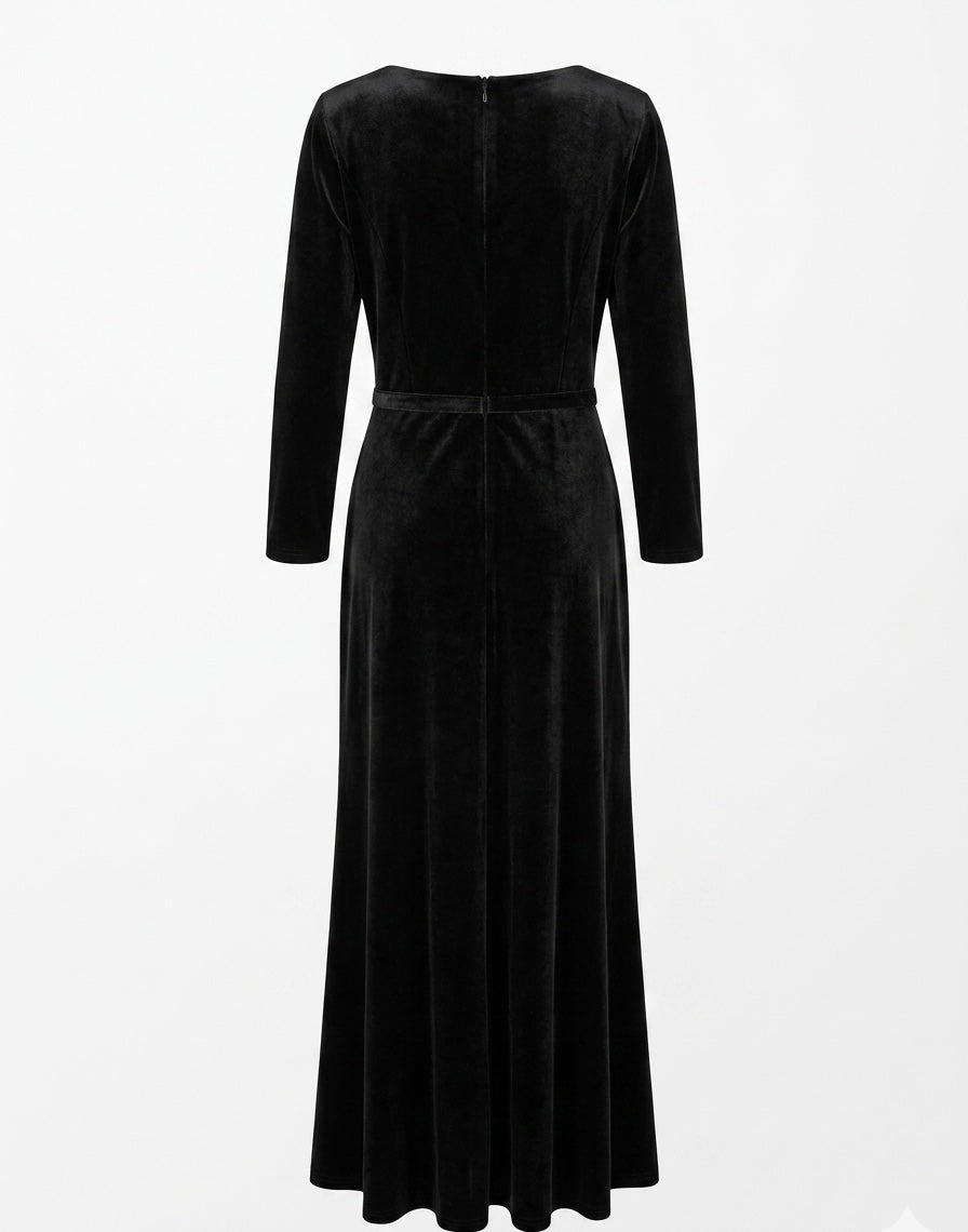 Elegant Burgundy Velvet Midi Dress with Crystal V-Neck Detail