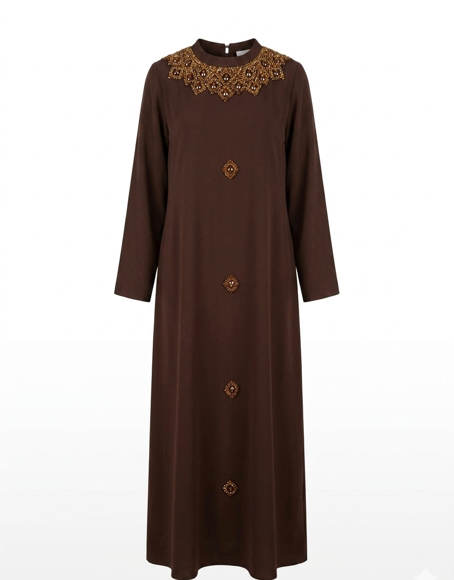 Chocolate Brown Embellished Maxi Dress with Statement Beaded Collar