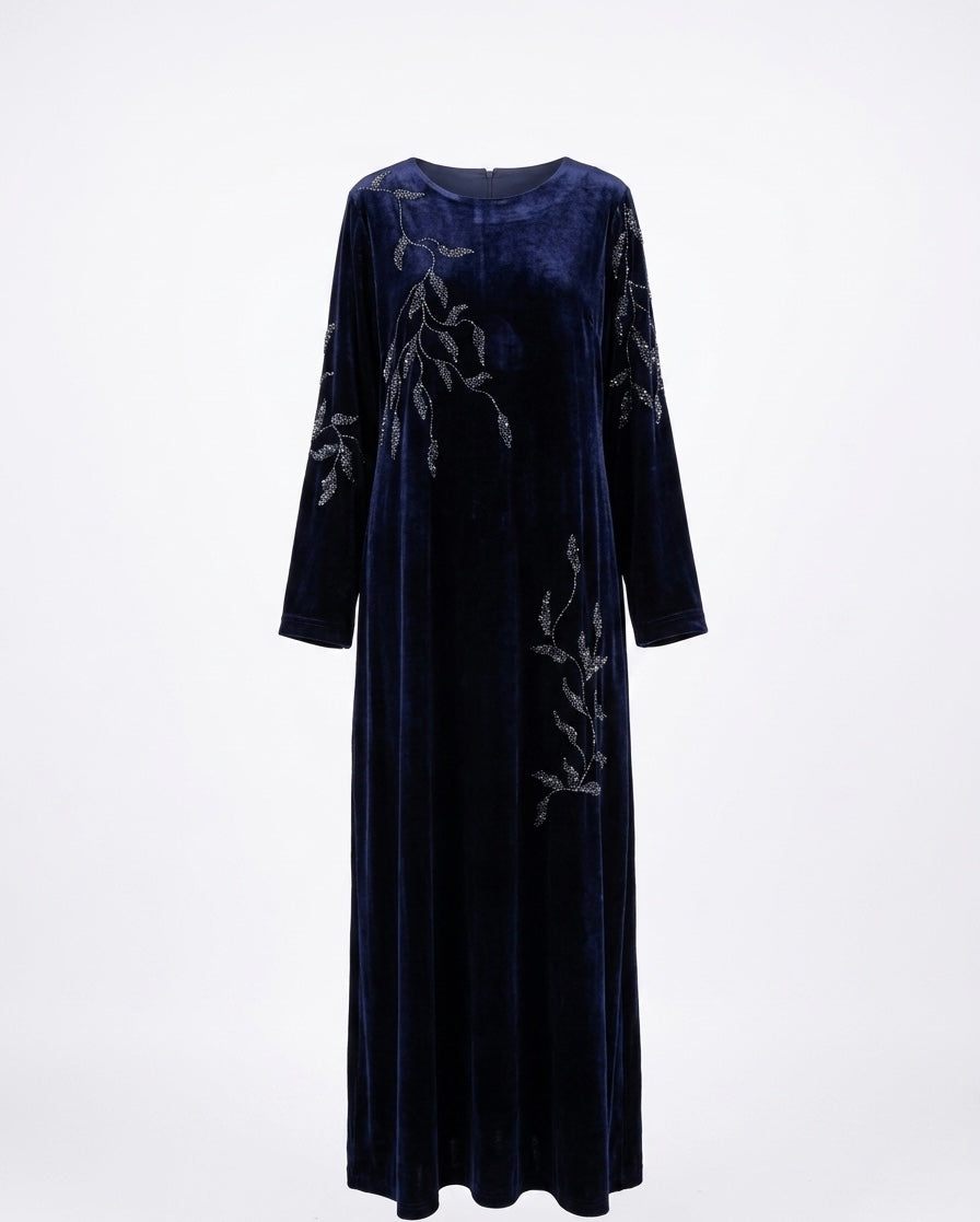 Midnight Blue Velvet Maxi Dress with Crystal Leaf Embellishments