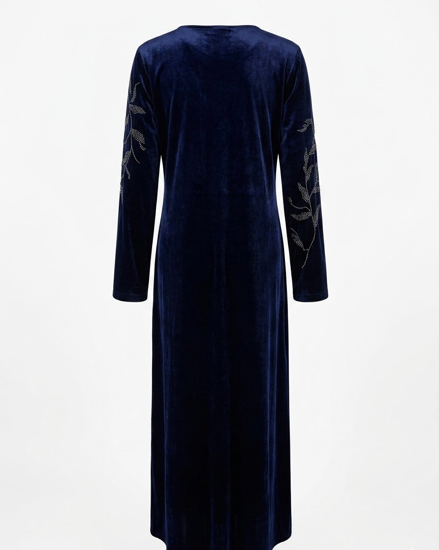 Midnight Blue Velvet Maxi Dress with Crystal Leaf Embellishments