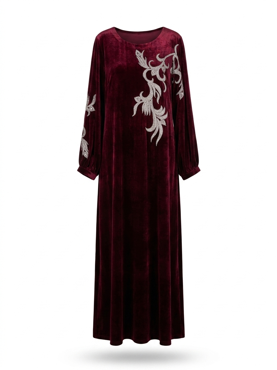 Midnight Blue Velvet Maxi Dress with Crystal Leaf Embellishments