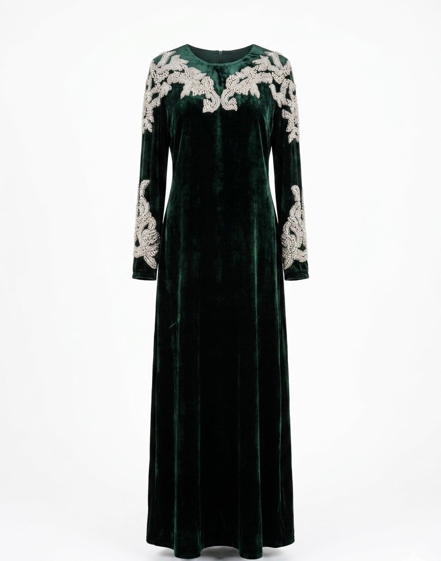 Midnight Blue Velvet Maxi Dress with Crystal Leaf Embellishments