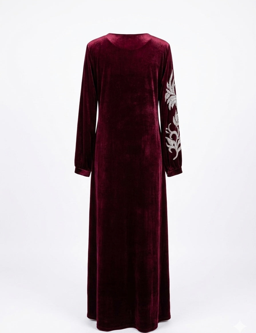Midnight Blue Velvet Maxi Dress with Crystal Leaf Embellishments