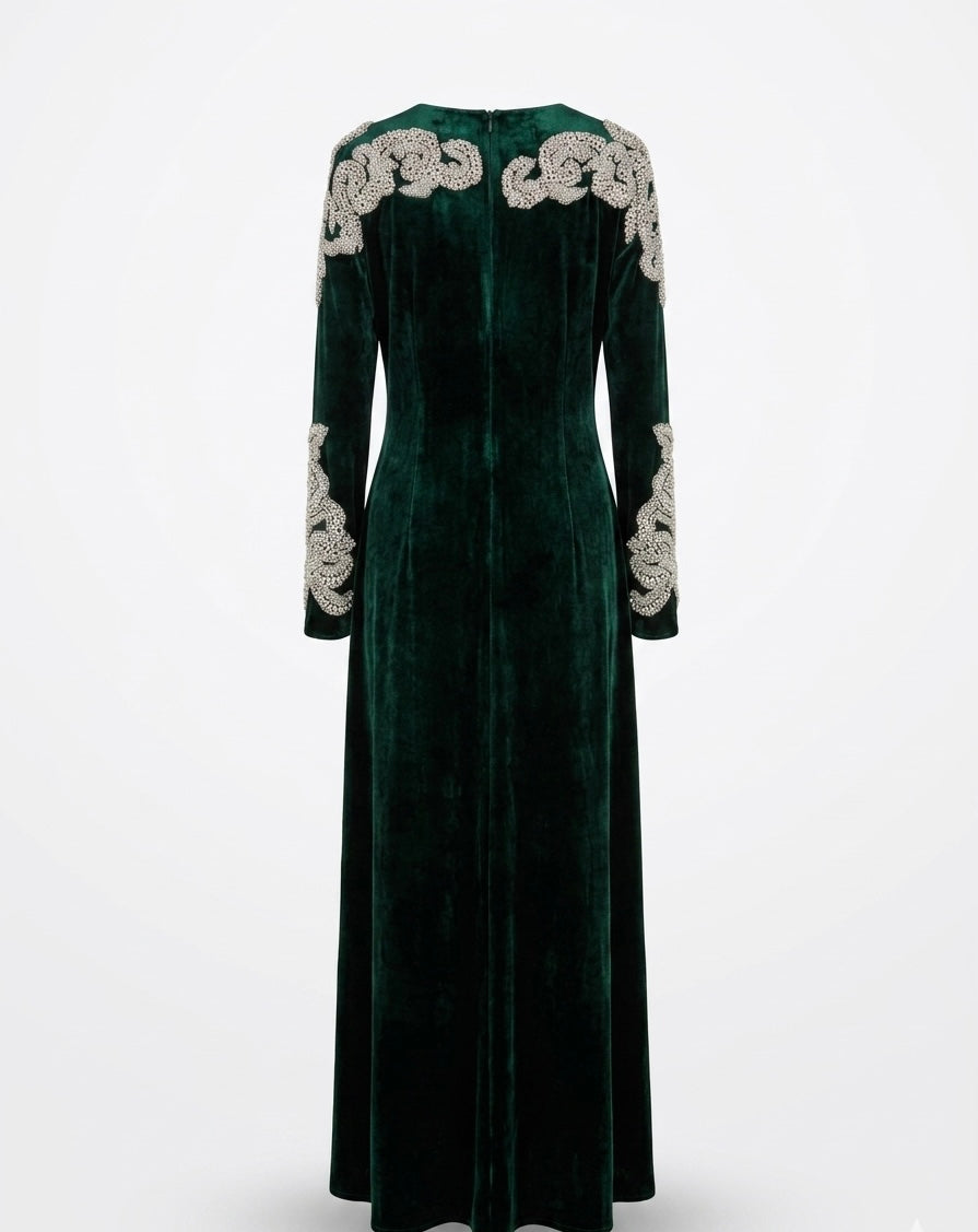 Midnight Blue Velvet Maxi Dress with Crystal Leaf Embellishments