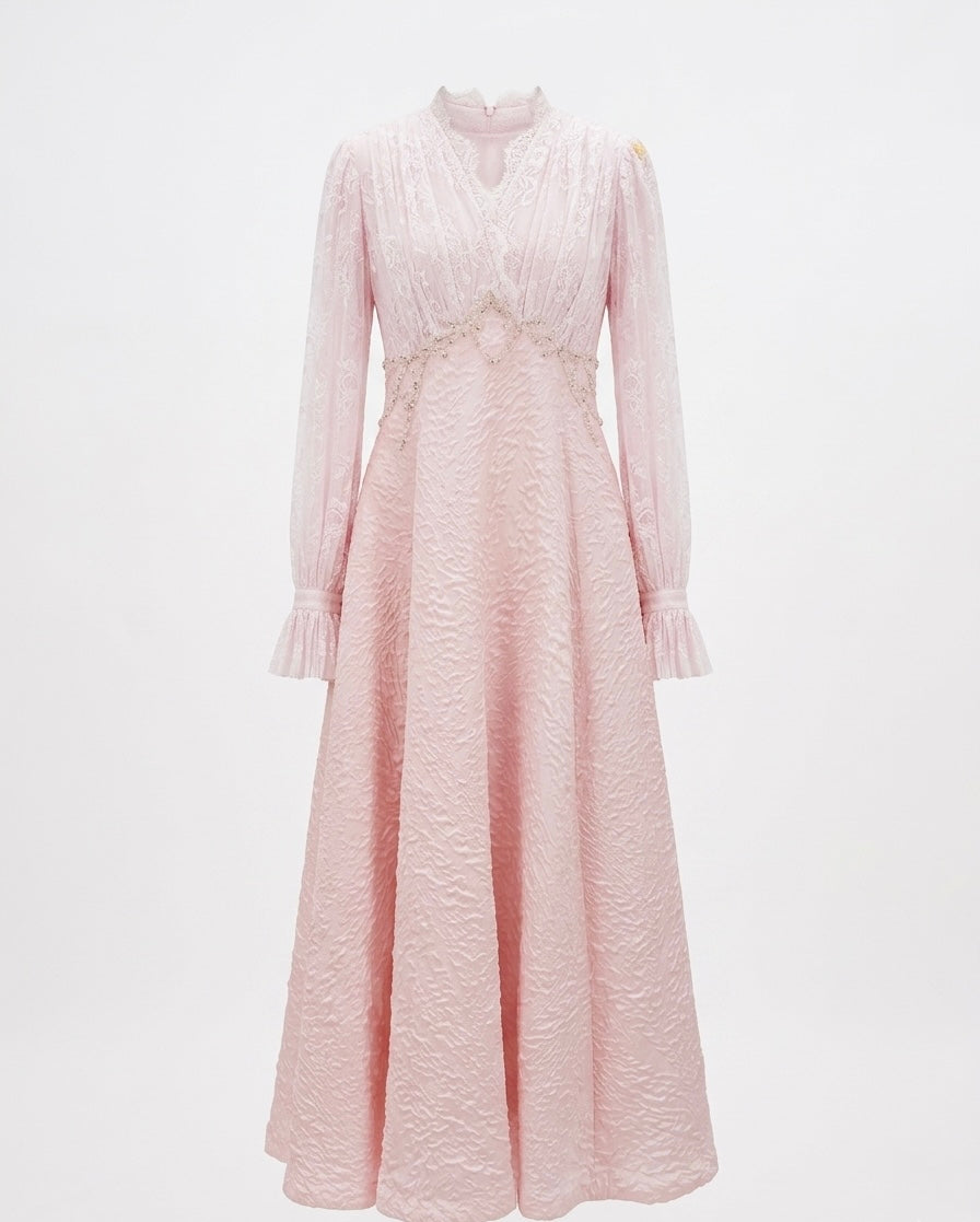 Blush Pink Lace Maxi Dress with Embellished Waist Detail