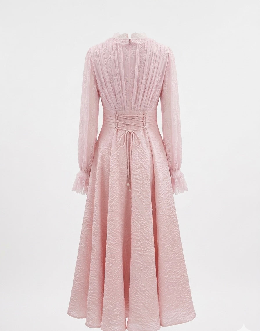 Blush Pink Lace Maxi Dress with Embellished Waist Detail