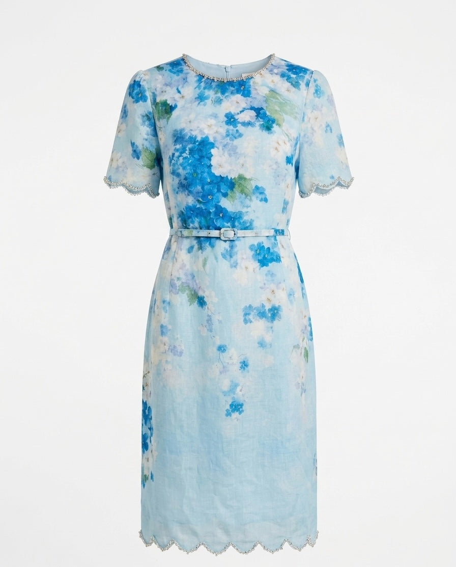 Blue Floral Print Midi Dress with Belt and Scalloped Trim