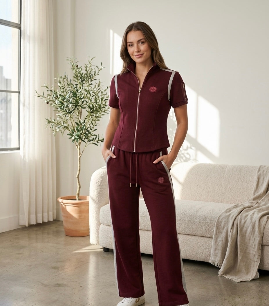 Zip-Up Sport Set with Contrast Stripes & Wide-Leg Pants