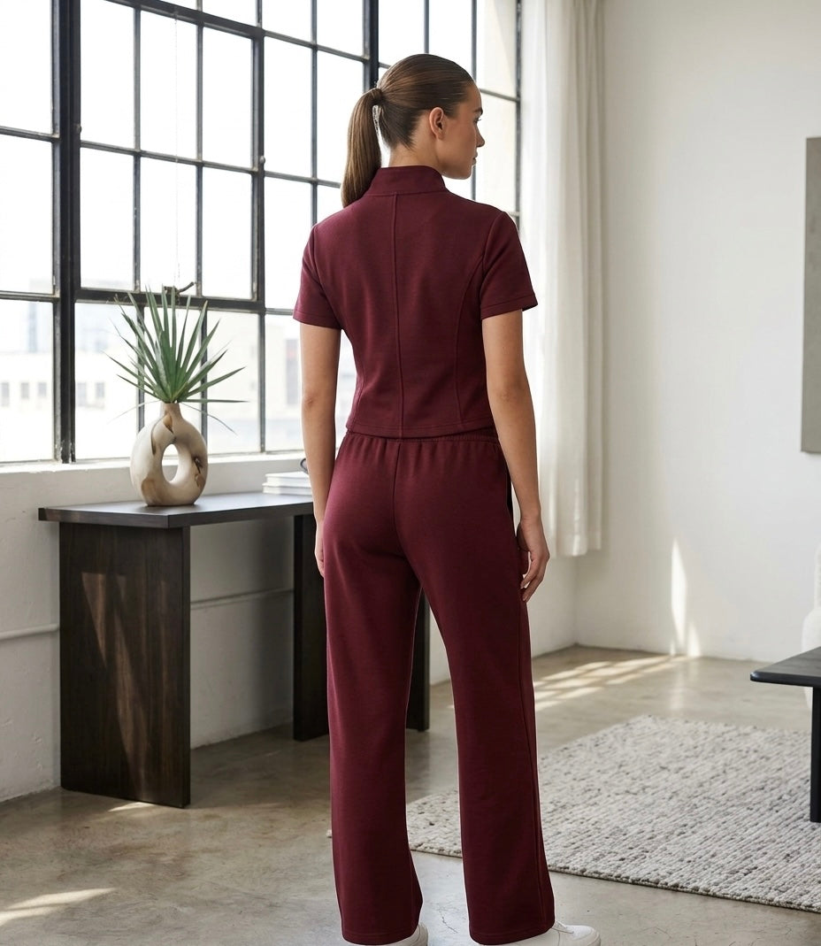 Zip-Up Sport Set with Contrast Stripes & Wide-Leg Pants