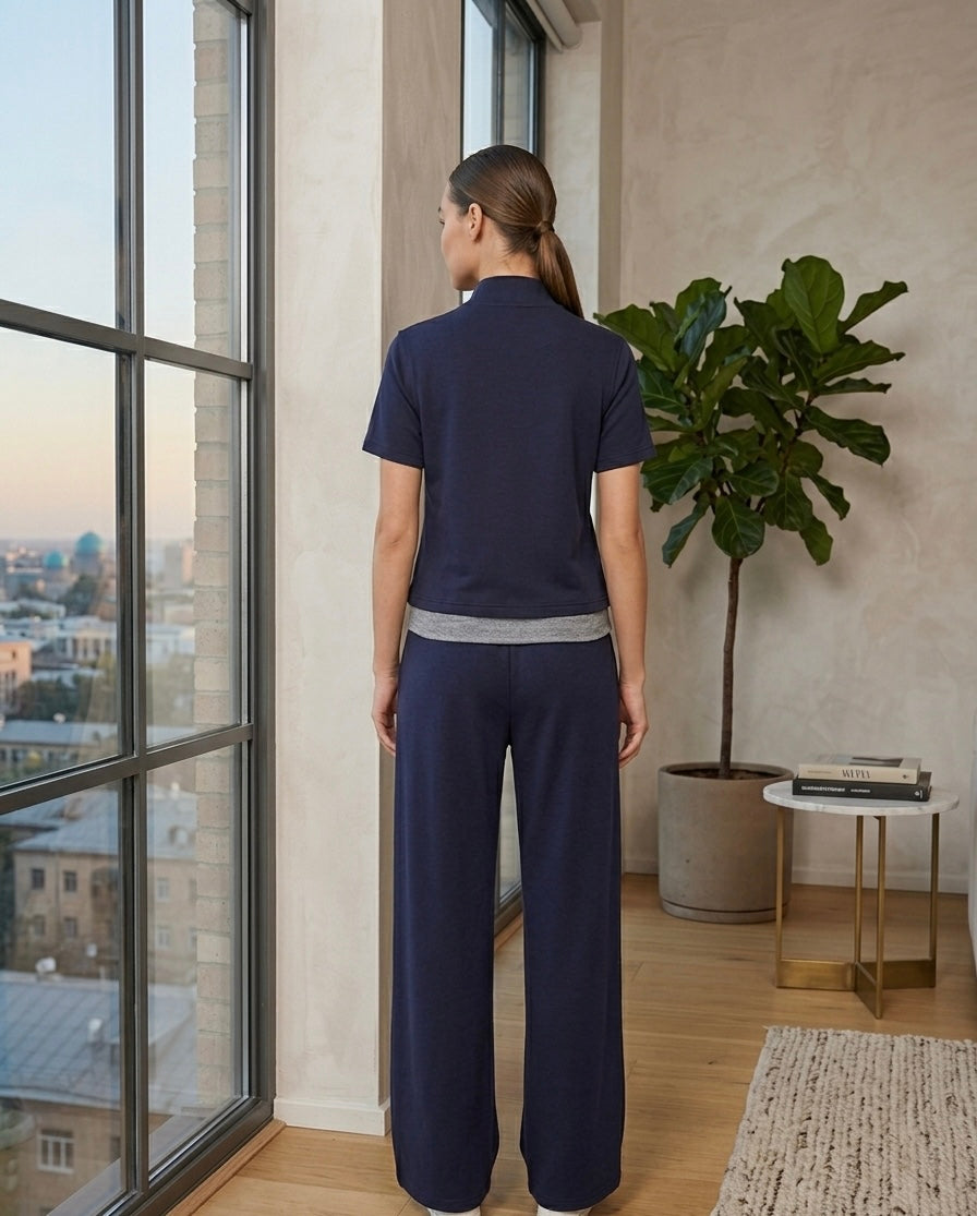Navy Zip-Neck Sport Set with Wide-Leg Pants – Minimal Athleisure