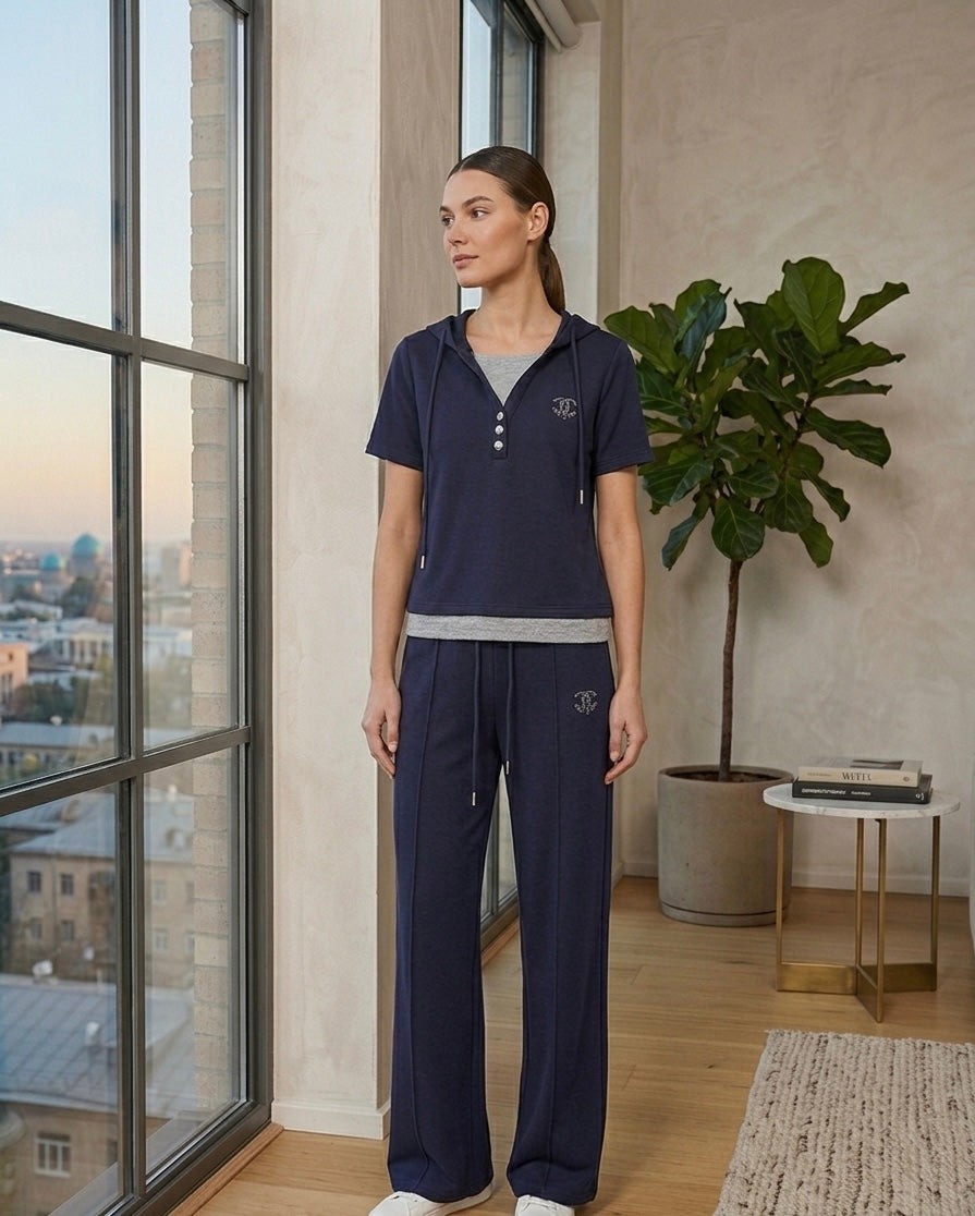 Navy Zip-Neck Sport Set with Wide-Leg Pants – Minimal Athleisure
