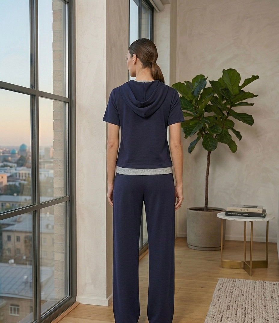 Hooded Lounge Set with Button Detail & Wide-Leg Pants