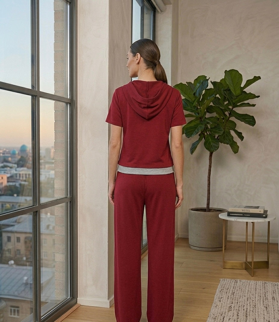 Hooded Lounge Set with Button Detail & Wide-Leg Pants