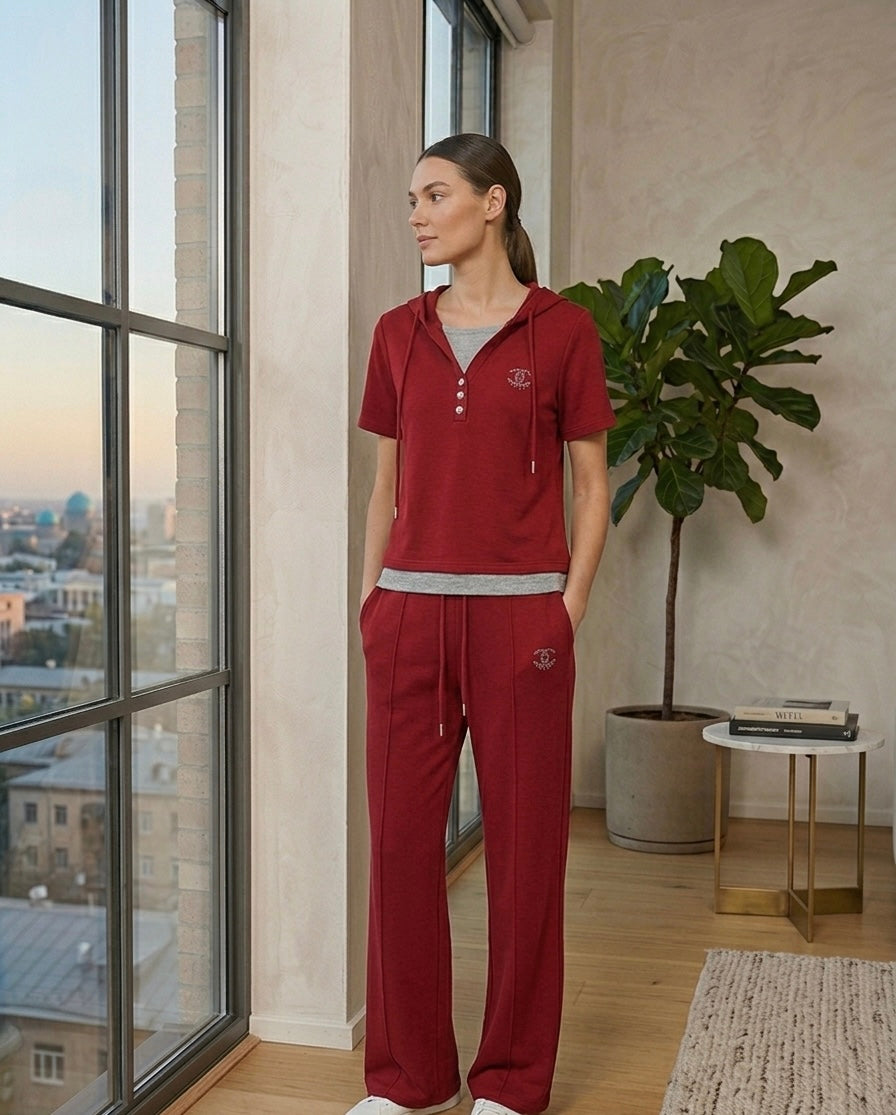 Hooded Lounge Set with Button Detail & Wide-Leg Pants