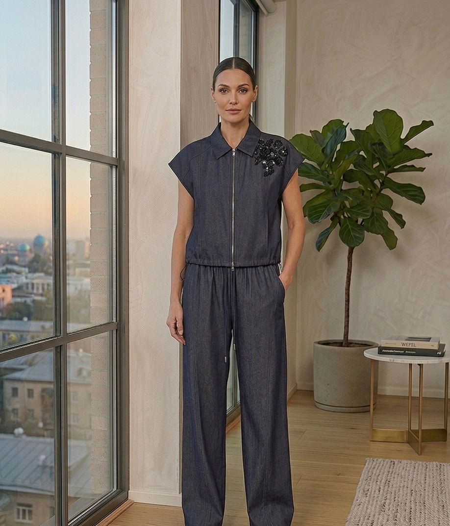 Dark Denim Zip-Up Jumpsuit with Embellished Shoulder Detail