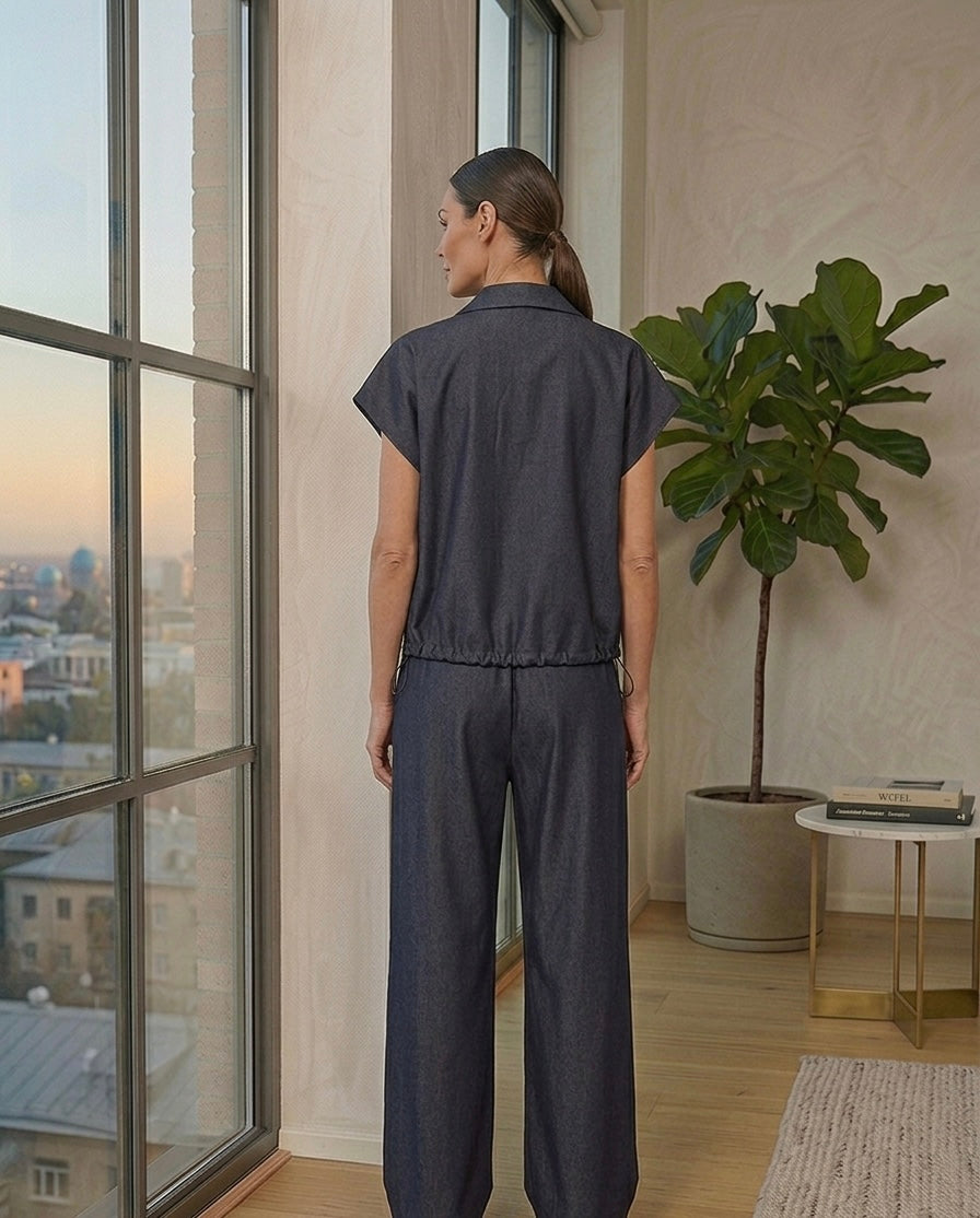 Dark Denim Zip-Up Jumpsuit with Embellished Shoulder Detail