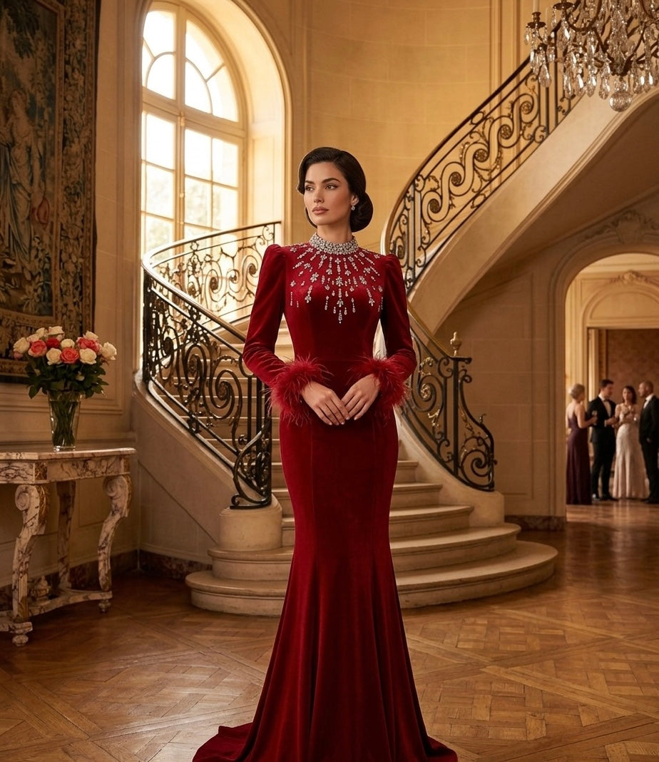 Luxury Red Velvet Mermaid Gown with Crystal Embellished Neckline
