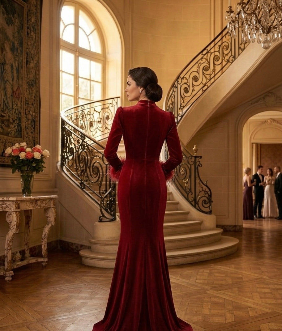 Luxury Red Velvet Mermaid Gown with Crystal Embellished Neckline