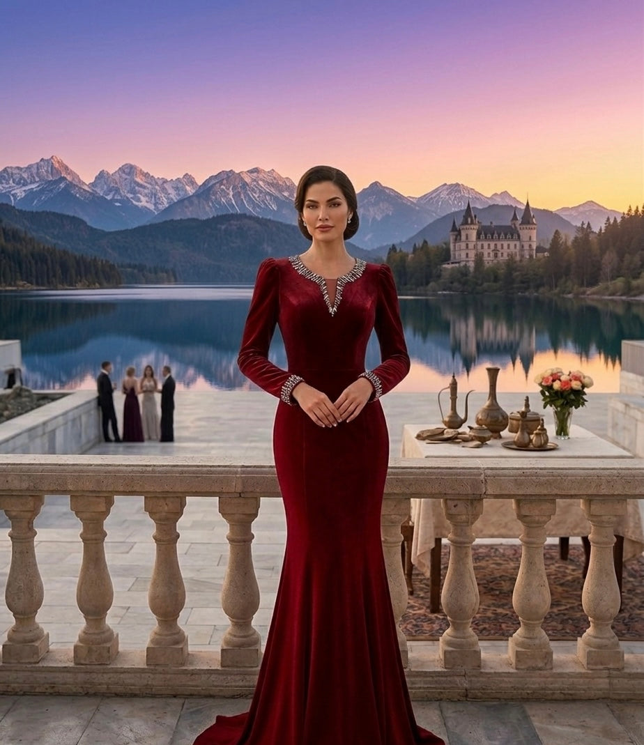 Elegant Burgundy Velvet Midi Dress with Crystal V-Neck Detail