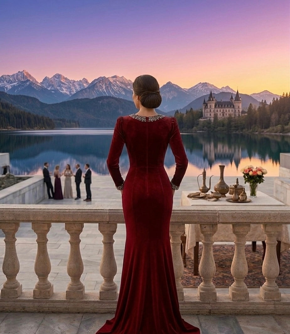 Elegant Burgundy Velvet Midi Dress with Crystal V-Neck Detail