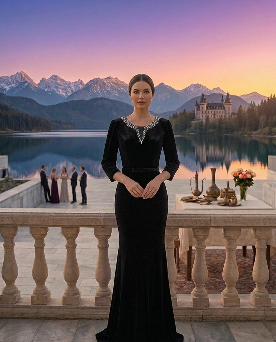 Elegant Burgundy Velvet Midi Dress with Crystal V-Neck Detail