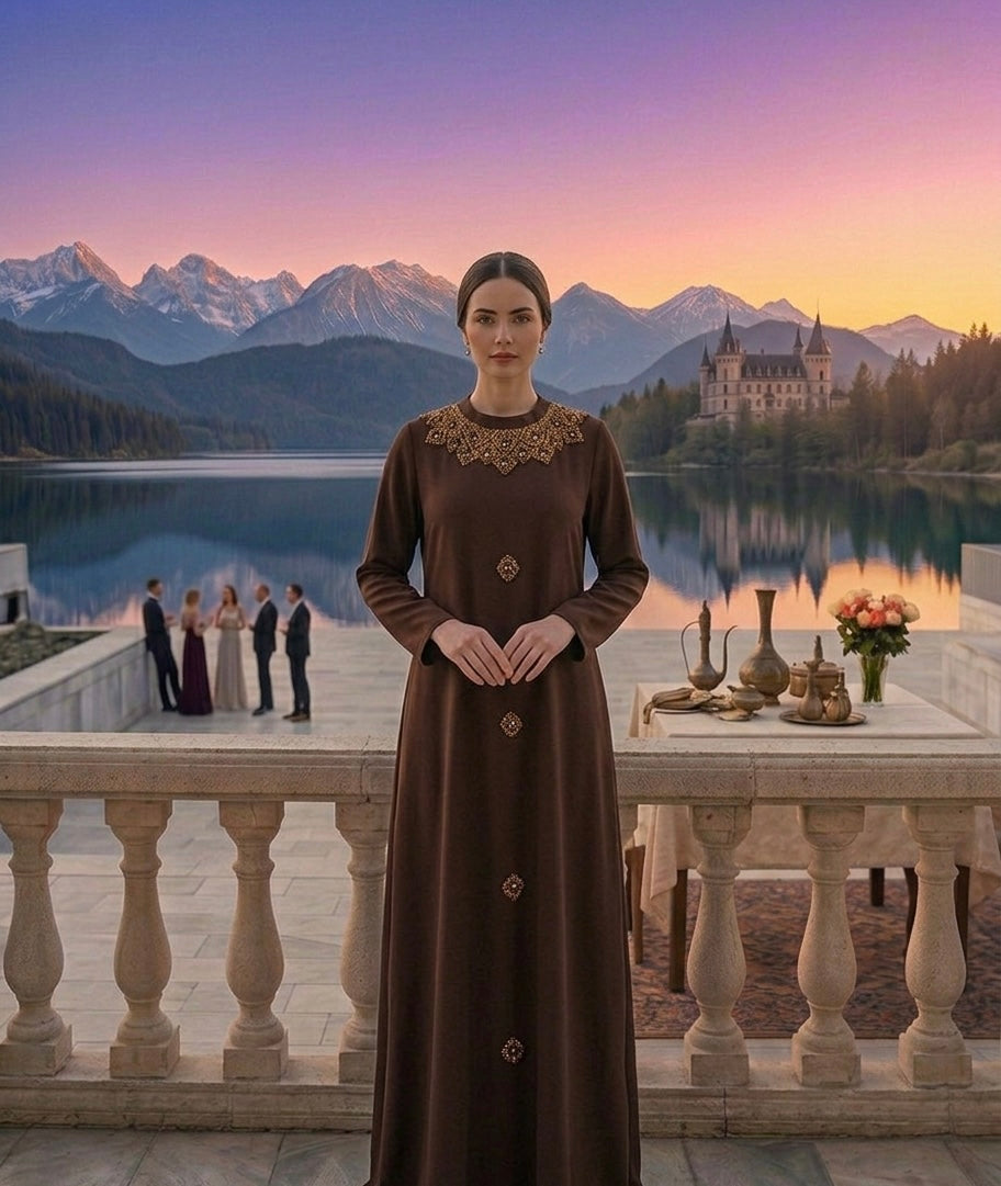 Chocolate Brown Embellished Maxi Dress with Statement Beaded Collar