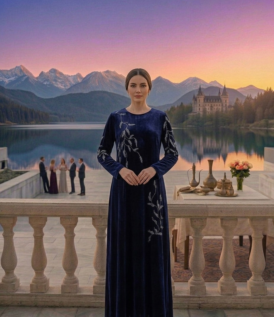 Midnight Blue Velvet Maxi Dress with Crystal Leaf Embellishments