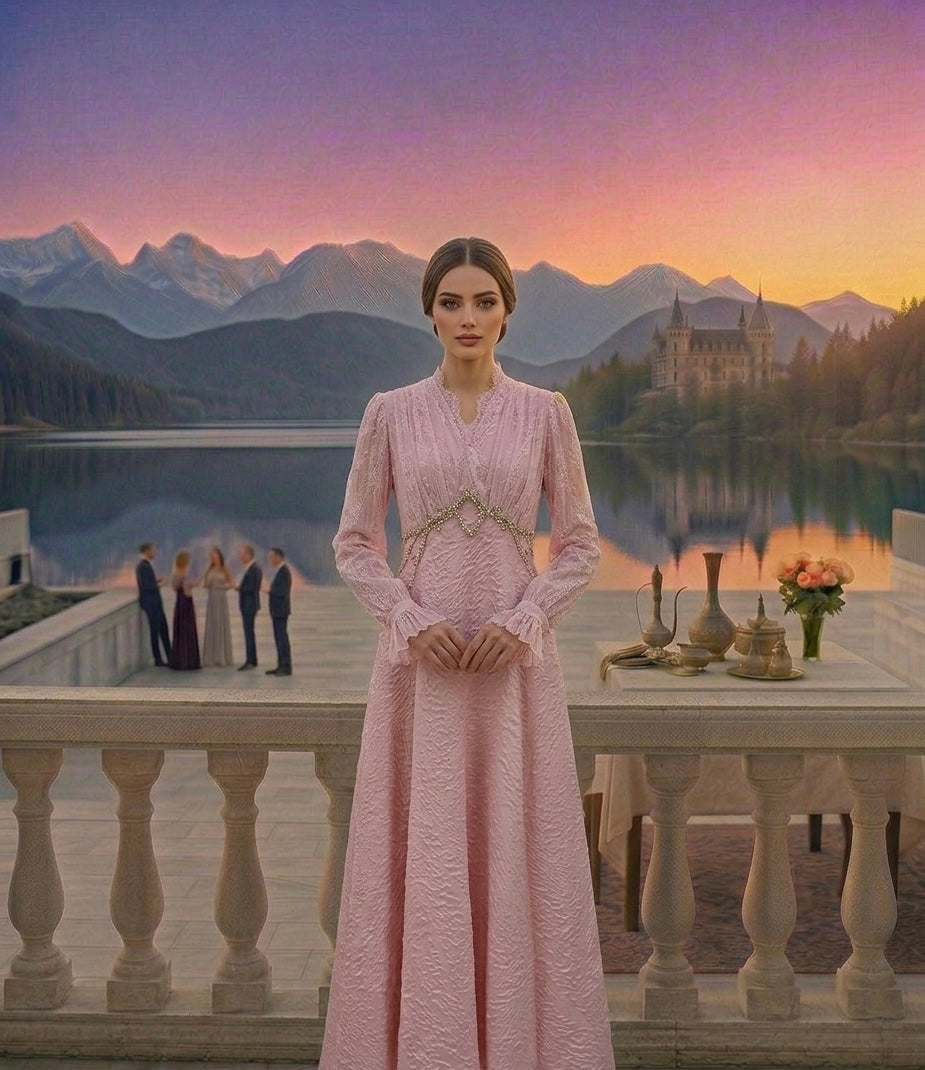 Blush Pink Lace Maxi Dress with Embellished Waist Detail