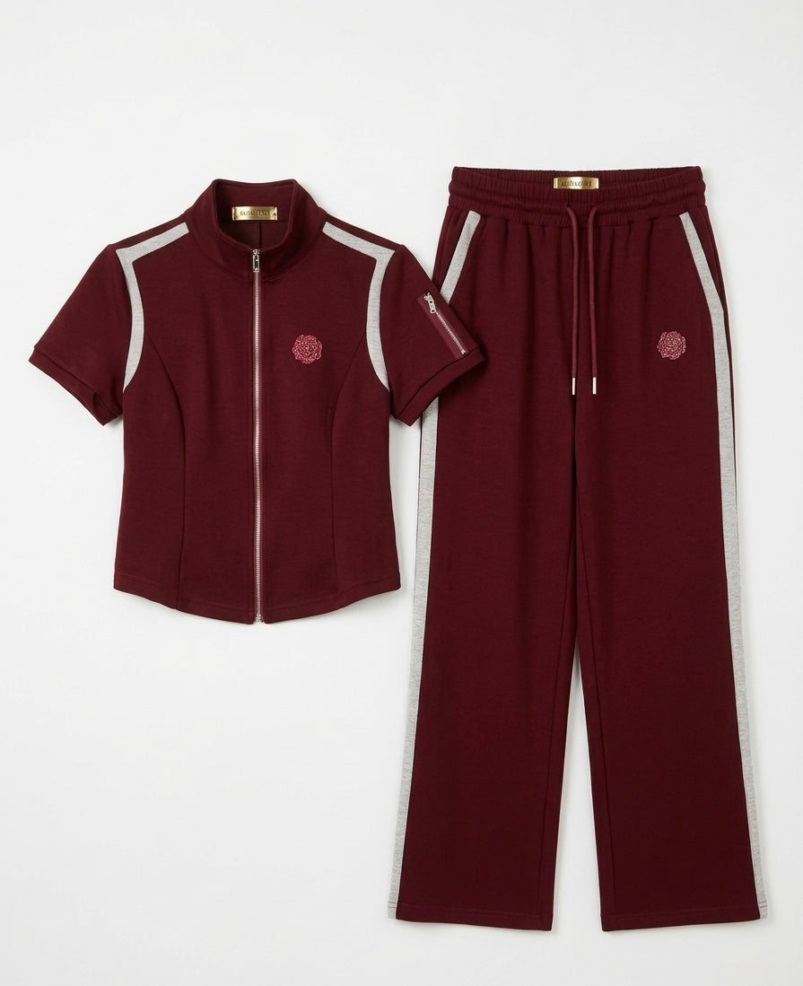 Zip-Up Sport Set with Contrast Stripes & Wide-Leg Pants
