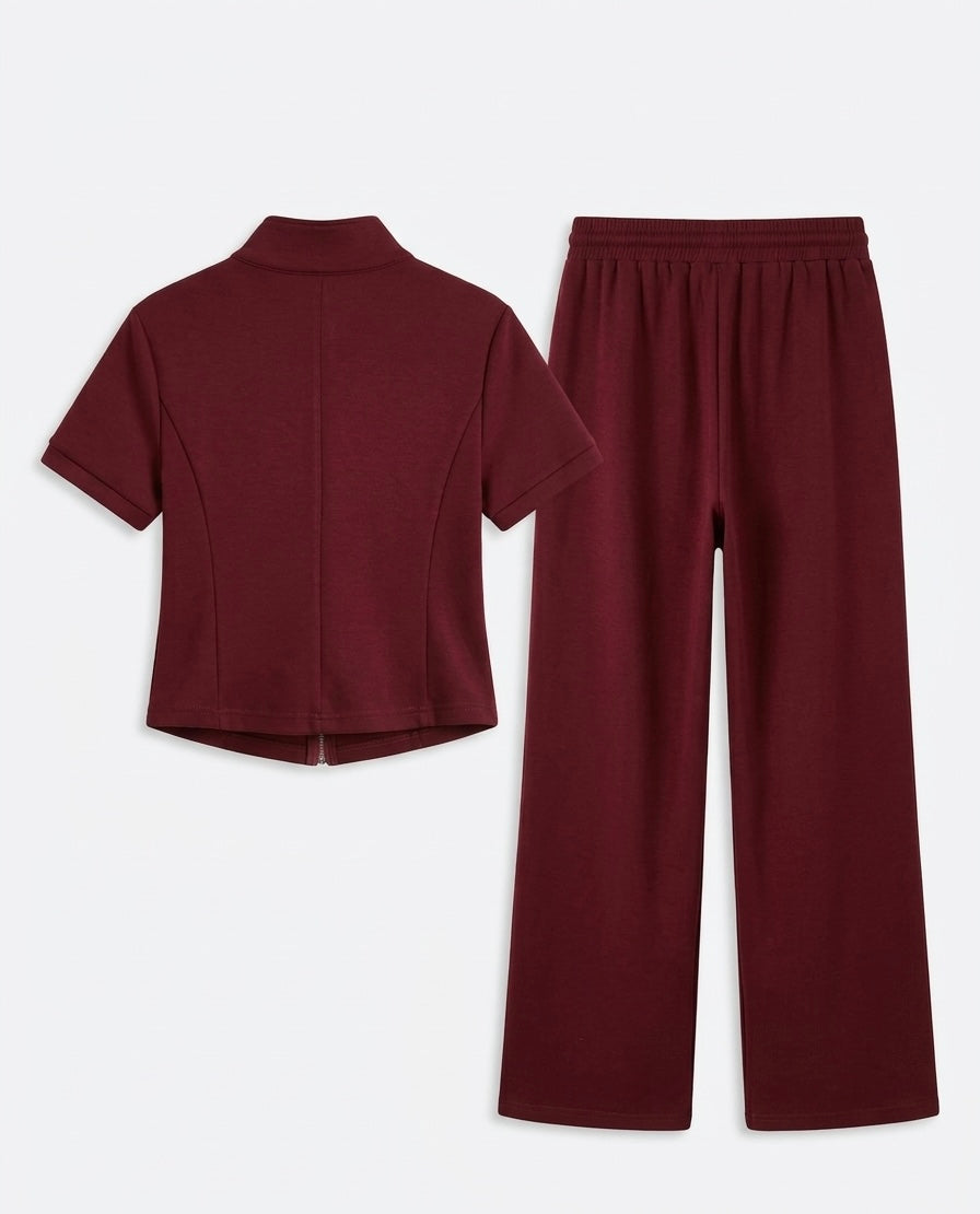 Zip-Up Sport Set with Contrast Stripes & Wide-Leg Pants