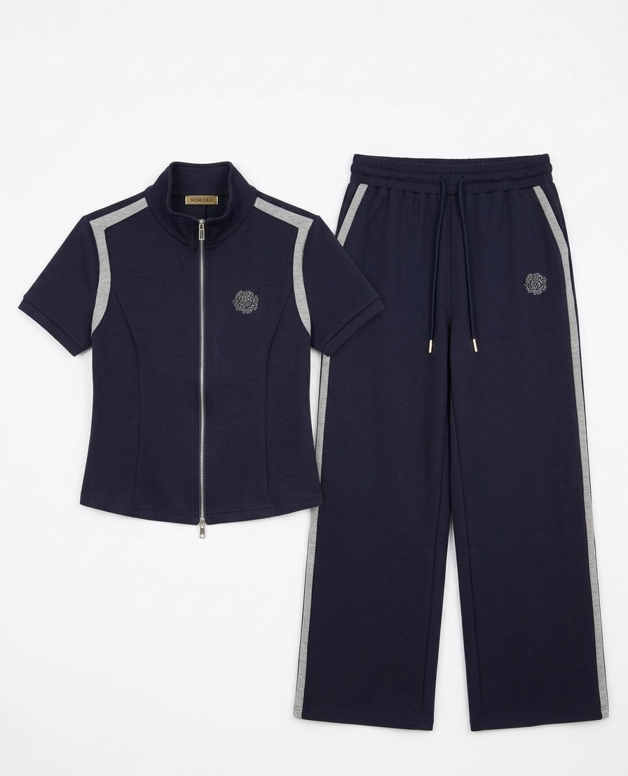 Zip-Up Sport Set with Contrast Stripes & Wide-Leg Pants