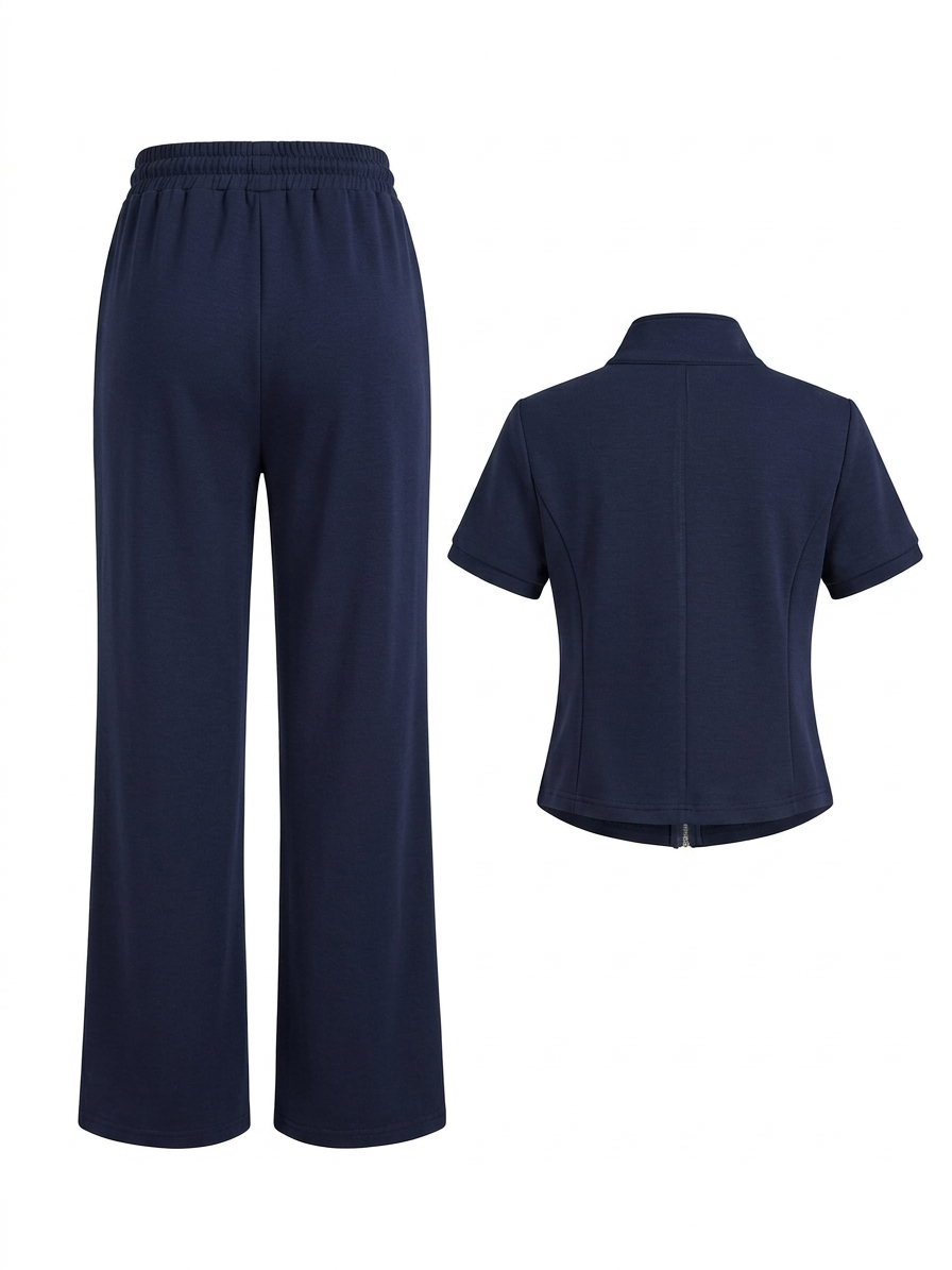 Zip-Up Sport Set with Contrast Stripes & Wide-Leg Pants