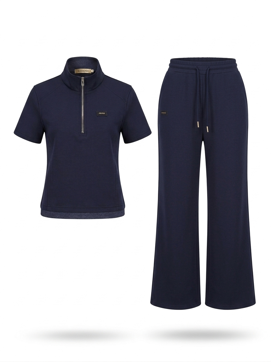 Navy Zip-Neck Sport Set with Wide-Leg Pants – Minimal Athleisure