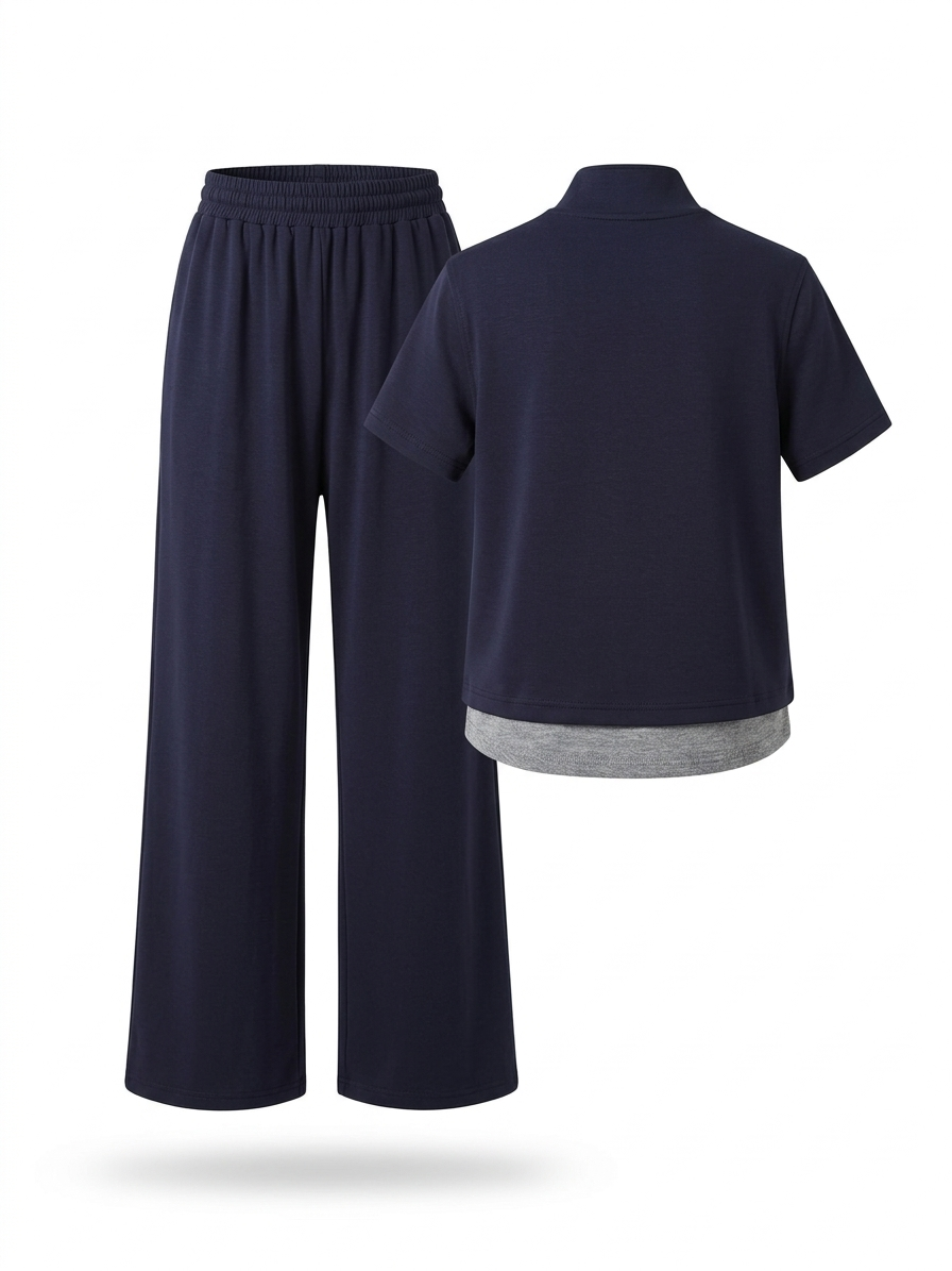 Navy Zip-Neck Sport Set with Wide-Leg Pants – Minimal Athleisure