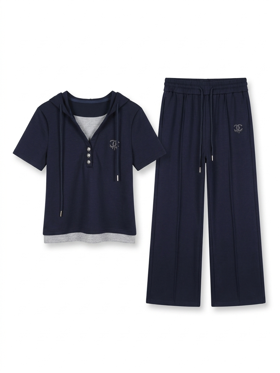 Hooded Lounge Set with Button Detail & Wide-Leg Pants