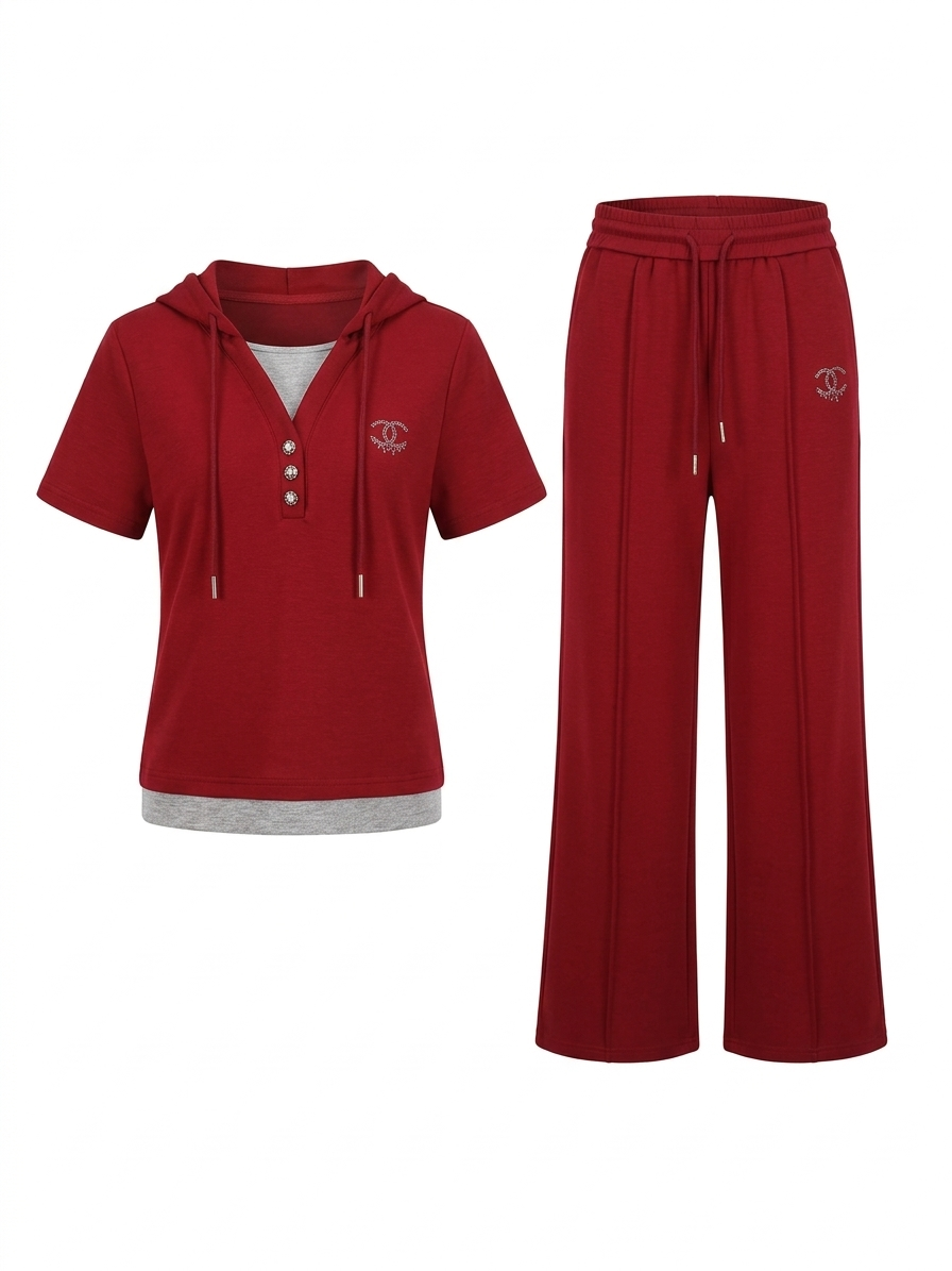 Hooded Lounge Set with Button Detail & Wide-Leg Pants
