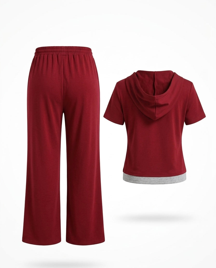 Hooded Lounge Set with Button Detail & Wide-Leg Pants