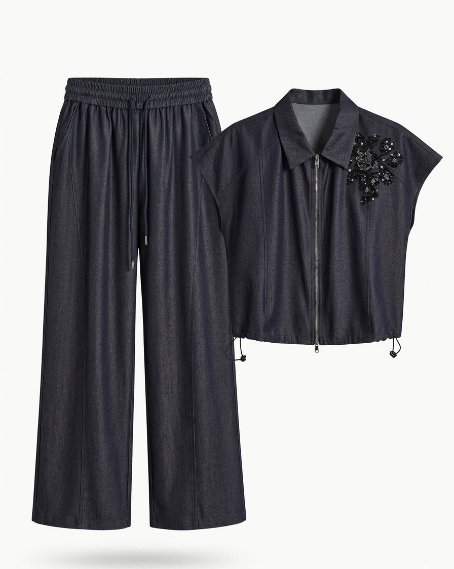 Dark Denim Zip-Up Jumpsuit with Embellished Shoulder Detail