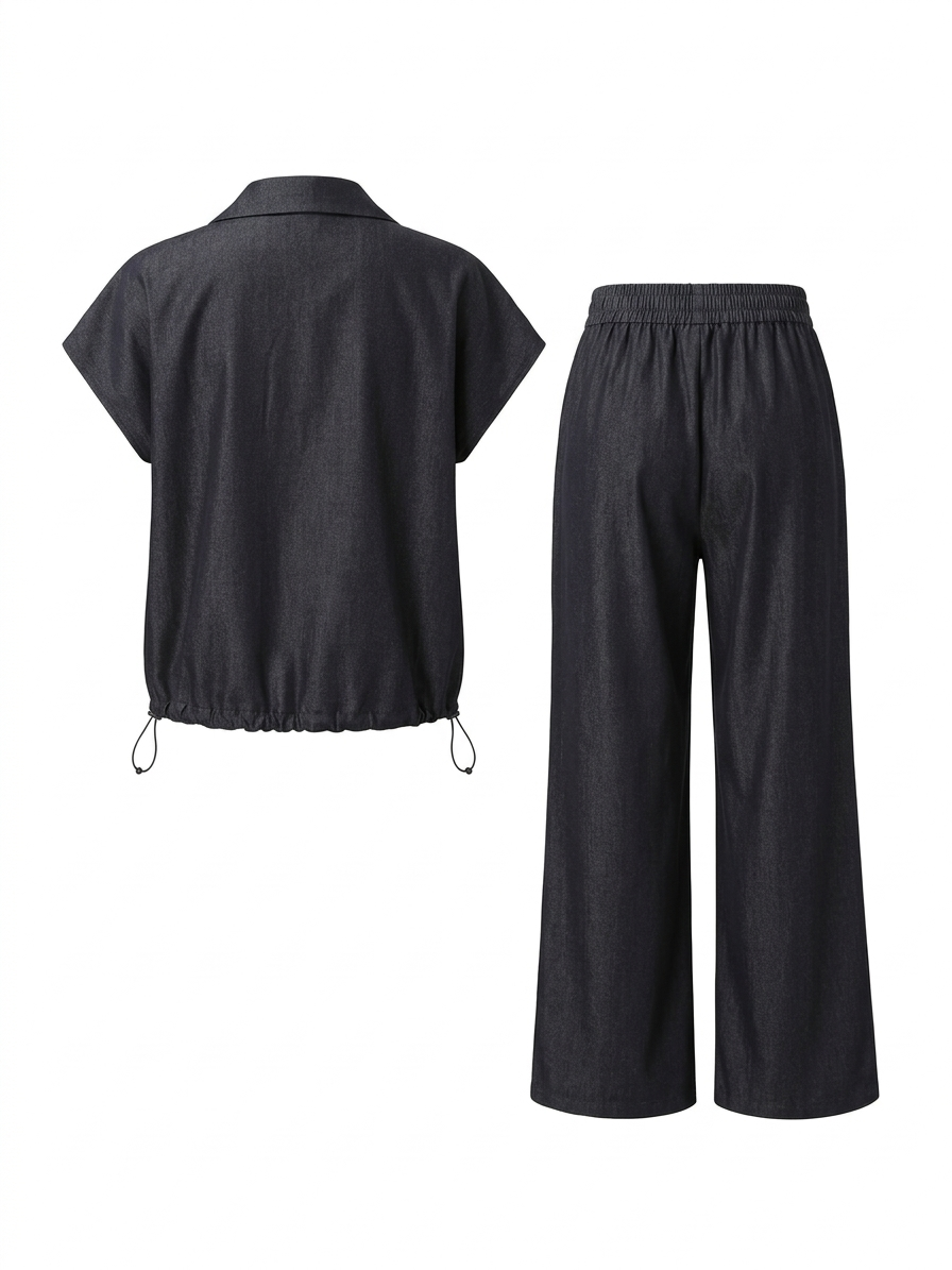 Dark Denim Zip-Up Jumpsuit with Embellished Shoulder Detail