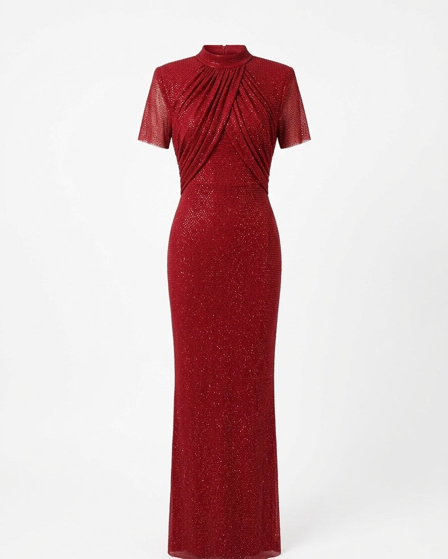 Crimson Sparkle High-Neck Evening Gown