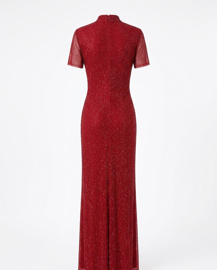 Crimson Sparkle High-Neck Evening Gown