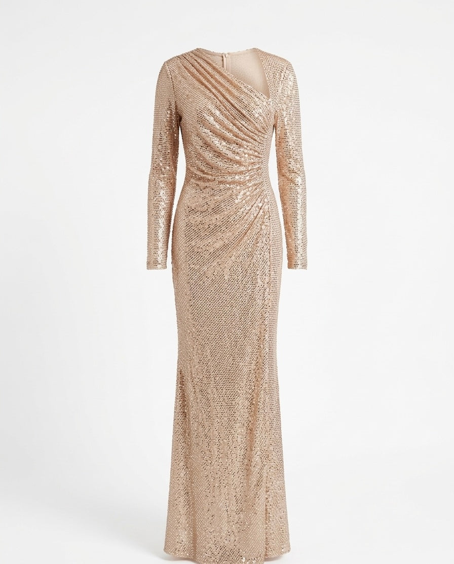 Champagne Gold Draped Sequin Evening Gown