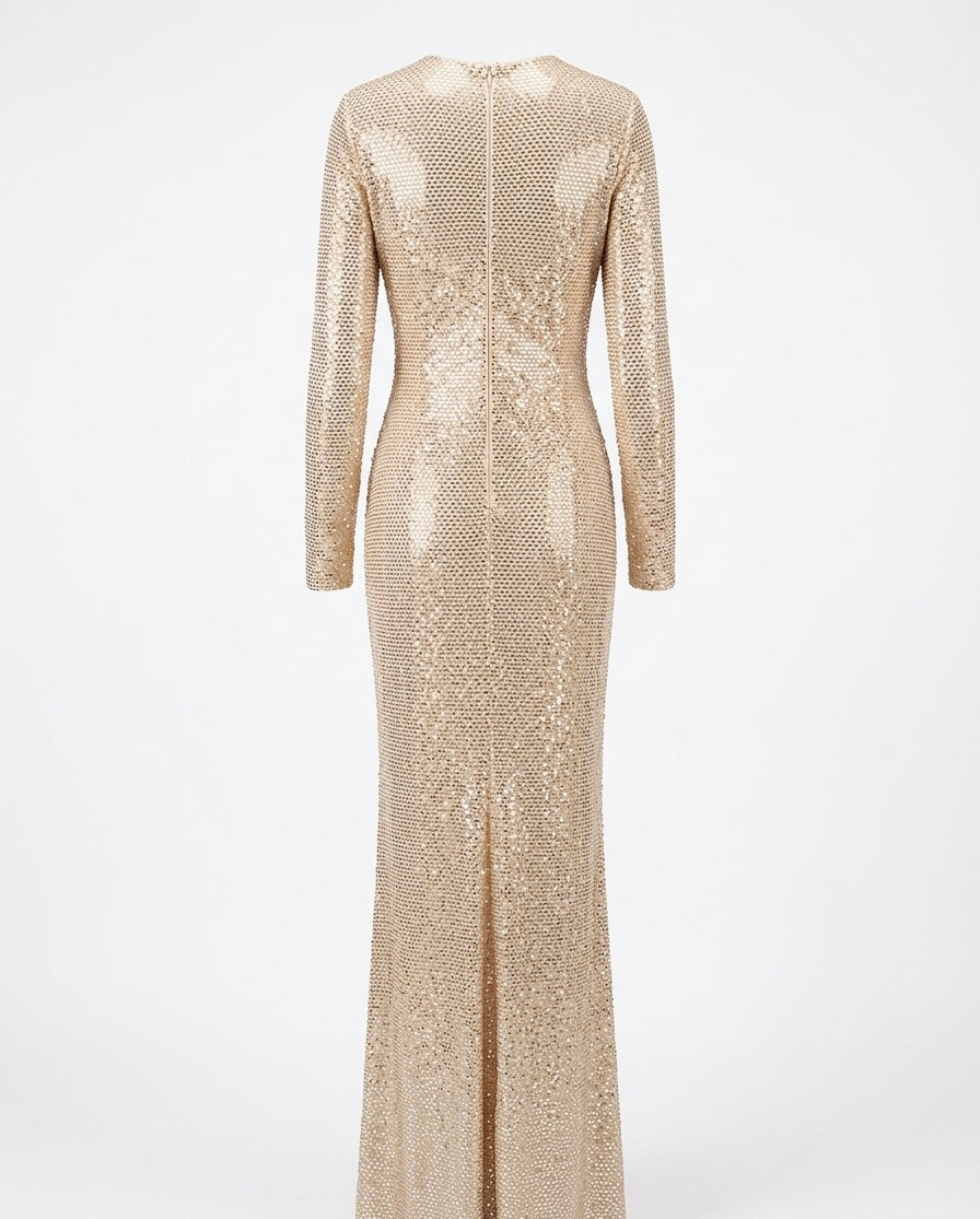 Champagne Gold Draped Sequin Evening Gown