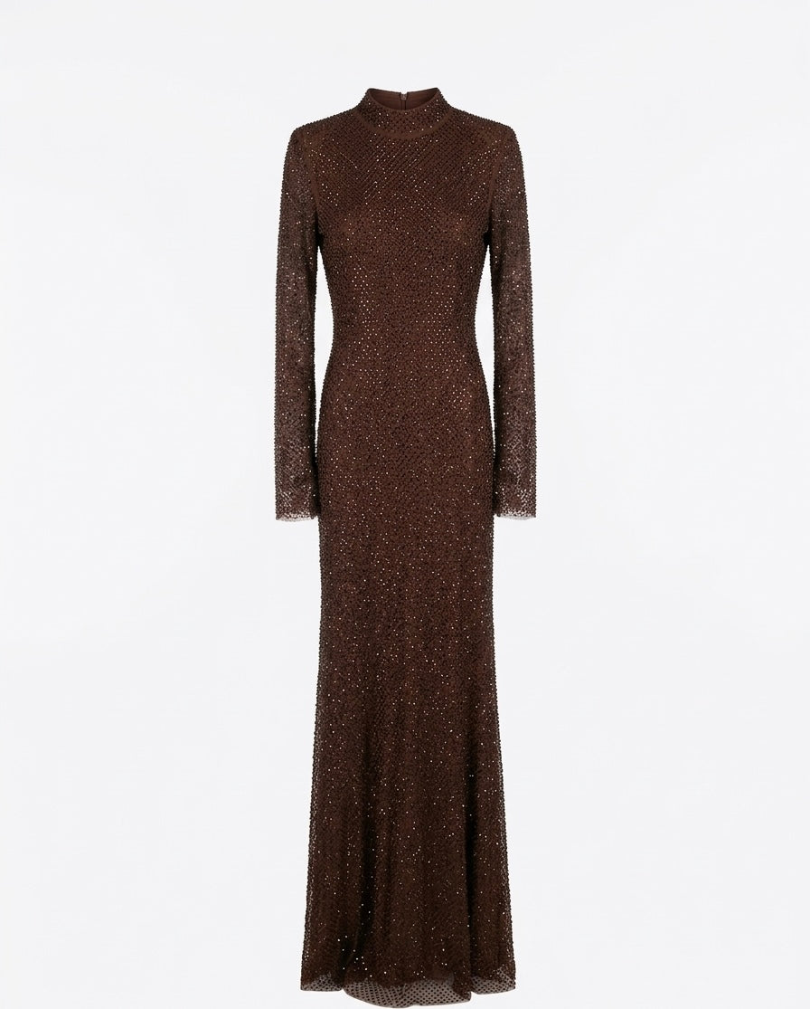Chocolate Brown High-Neck Sequin Maxi Dress