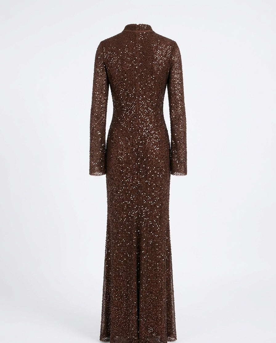 Chocolate Brown High-Neck Sequin Maxi Dress
