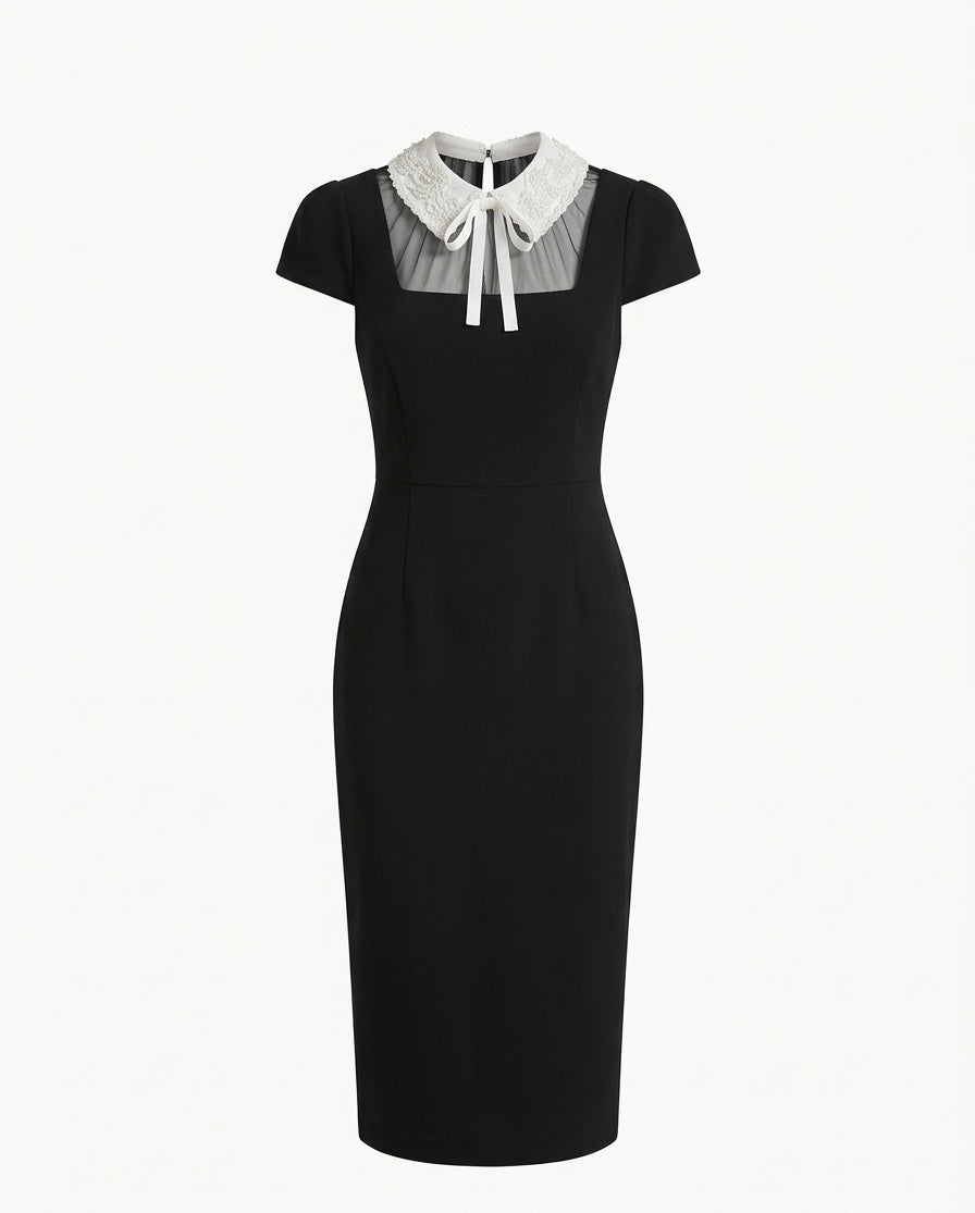 Classic Black Midi Dress with Lace Collar and Bow Detail
