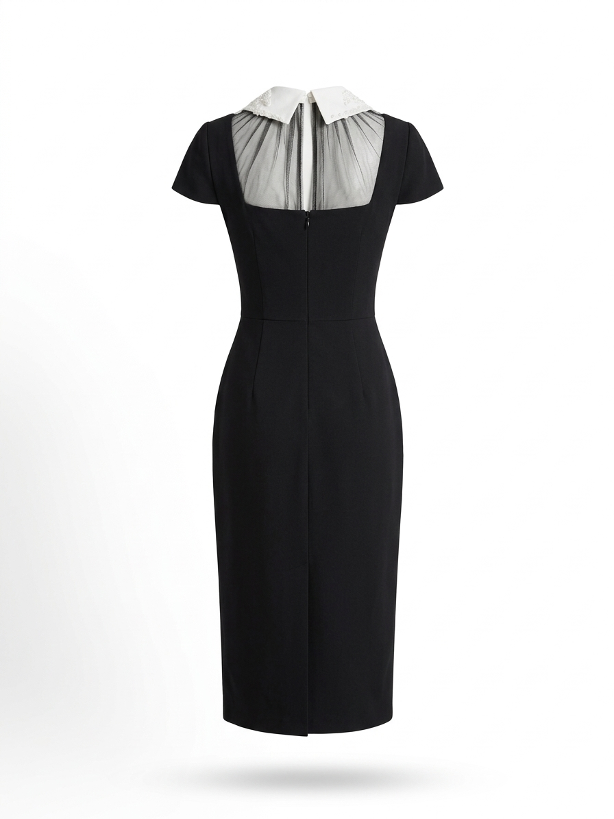 Classic Black Midi Dress with Lace Collar and Bow Detail