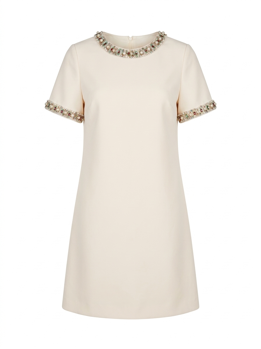 Elegant Ivory Shift Dress with Embellished Collar
