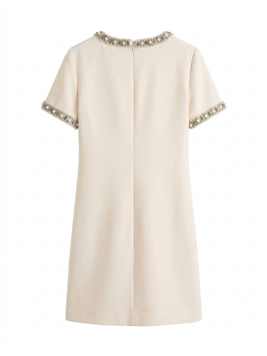 Elegant Ivory Shift Dress with Embellished Collar